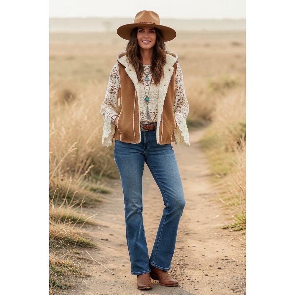 Jones New York Petite Sherpa Vest Brown Faux Suede Hooded Western Boho P/S